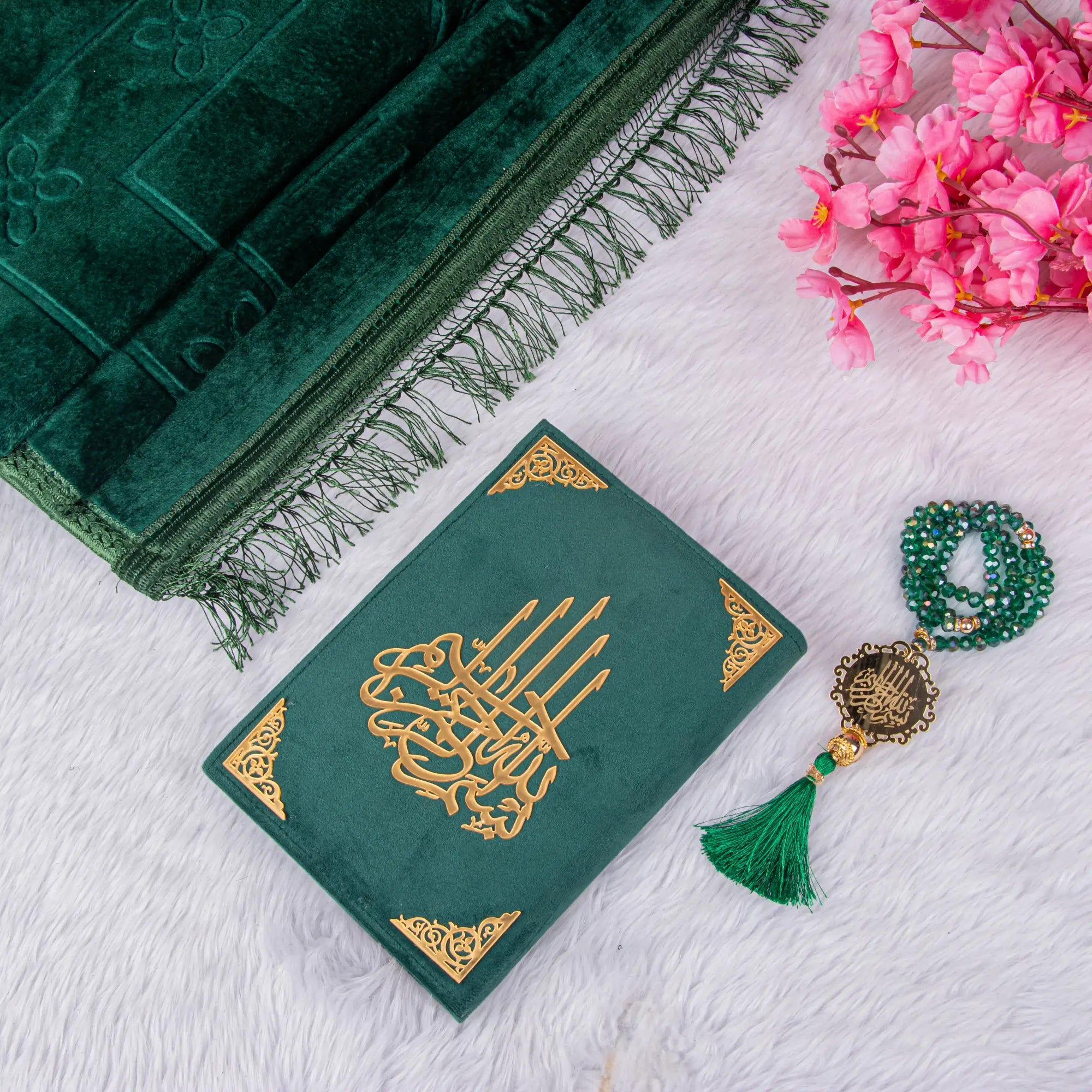 Green velvet Quran with Tasbeeh and prayer mat from the Sawab-E-Jariya Hamper, a premium Islamic gift set for special occasions.