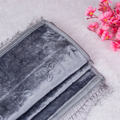Close-up of soft grey velvet Janamaz with floral embroidery, part of the Grey Salah Combo Hamper for prayer and gifting.