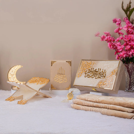 Bridal Gift Hamper - Sawab-e-Jariya featuring Quran, Tasbeeh, Janamaz, and Islamic decor in offwhite and gold, ideal for wedding gifting.
