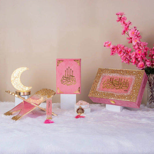 Pink Bridal Hamper featuring a velvet Quran, glitter Rehal, Tasbeeh, and decorative box. Elegant Islamic gift set for weddings and special occasions.
