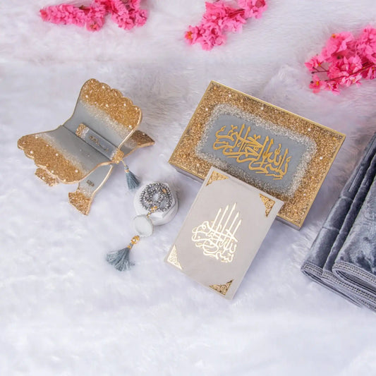 Premium Bridal Sawab-e-Jariya Gift Set featuring Quran, glitter Rehal, Tasbeeh, and velvet accessories in grey and gold tones.