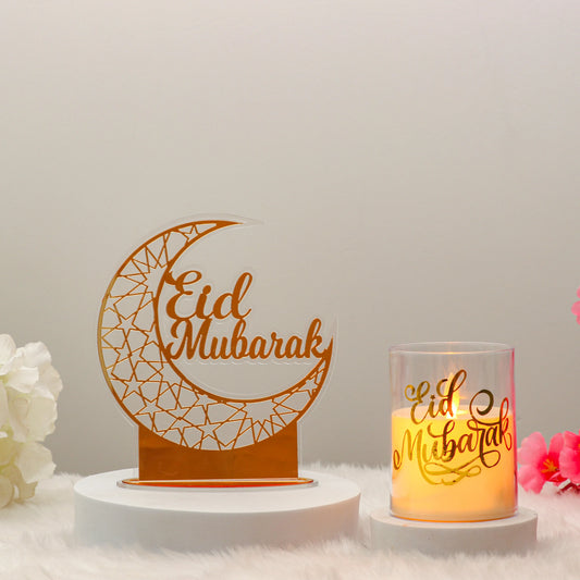 Luminous Decor Set - Eid Decor Set featuring a golden 'Eid Mubarak' crescent stand and LED candle, ideal for festive home ambiance.