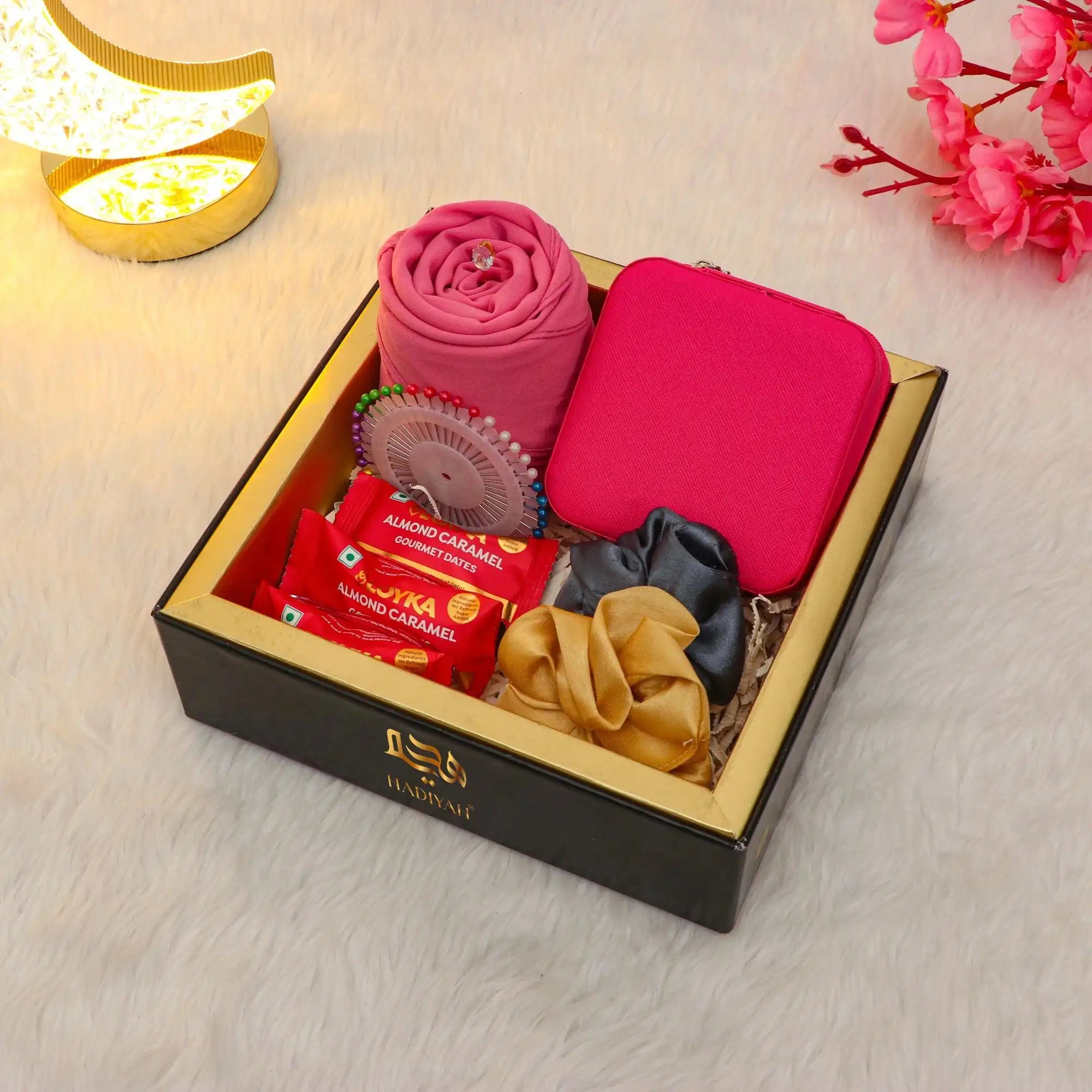 Elegant Shukr Islamic Gift Hamper with hijab, jewelry box, and gourmet dates