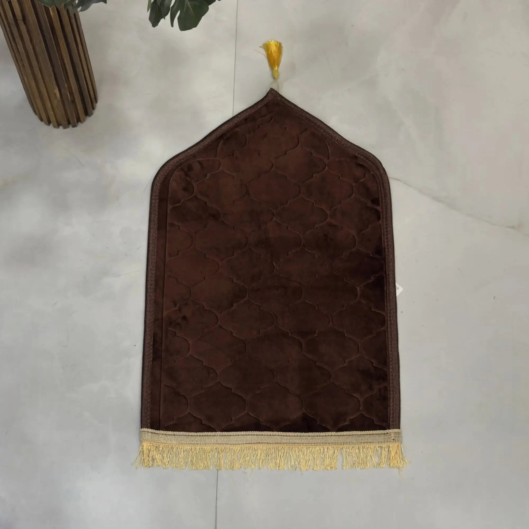 Brown Kids Dome Janamaz - Kids Prayer Rug with dome shape and golden tassels, soft texture, foldable for travel or school use.