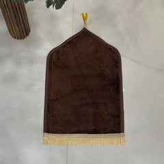 Brown Kids Dome Janamaz - Kids Prayer Rug with dome shape and golden tassels, soft texture, foldable for travel or school use.