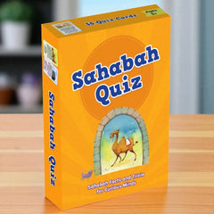 Orange 'Sahabah Quiz' box with camel illustration on a wooden surface