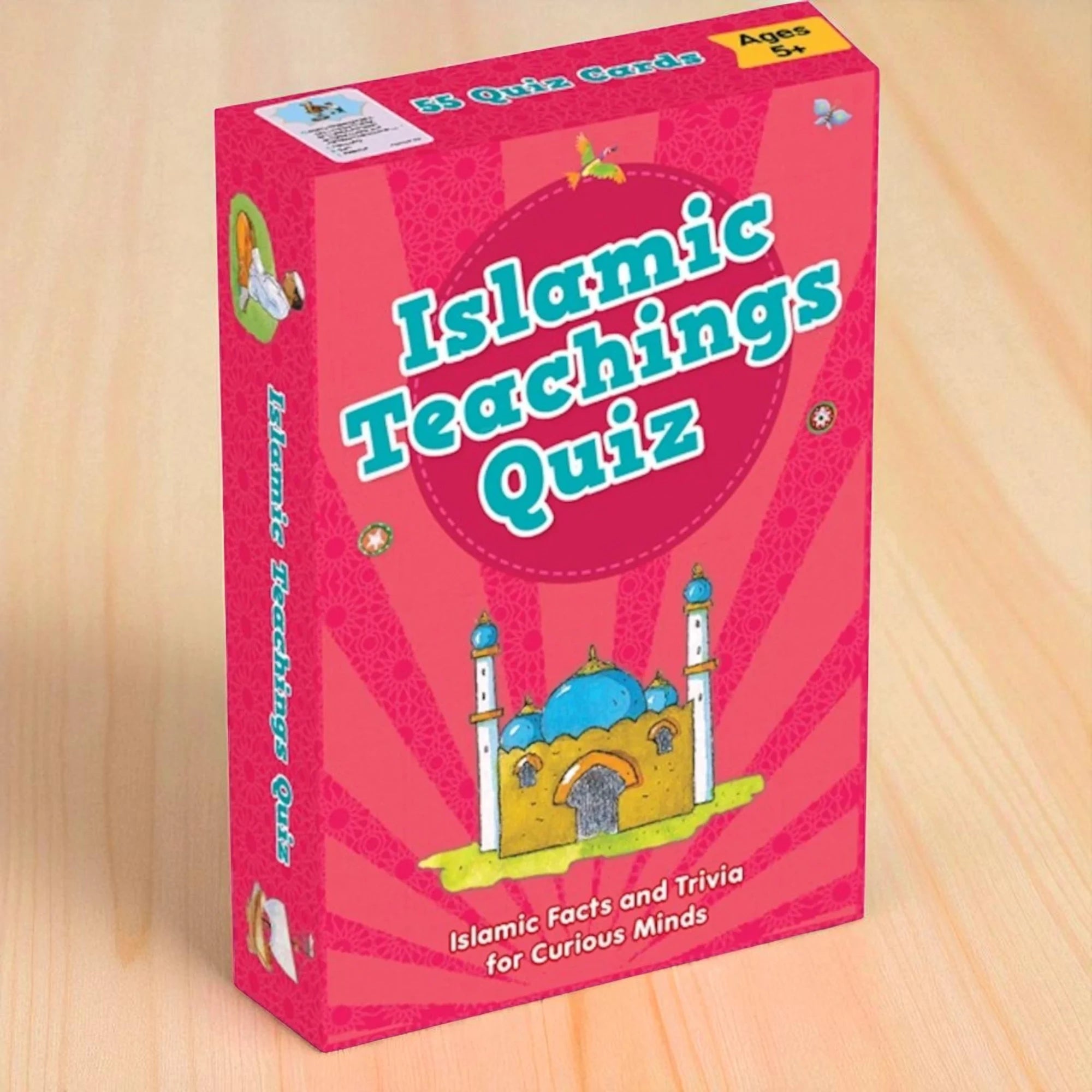 Card game box titled 'Islamic Teachings Quiz' on a wooden surface