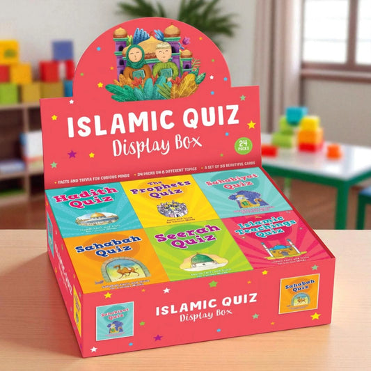 Islamic Quiz Display Box - Educational Cards | 24 Packs featuring colorful quiz sets on Hadith, Prophets, Sahabah, and more for kids aged 5+.