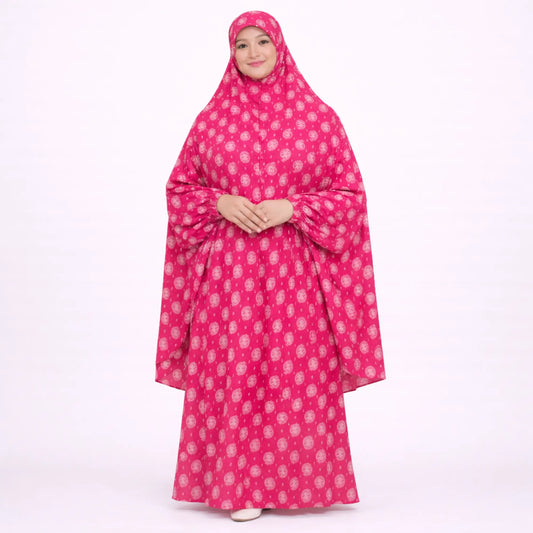 Pink floral printed cotton prayer dress for women