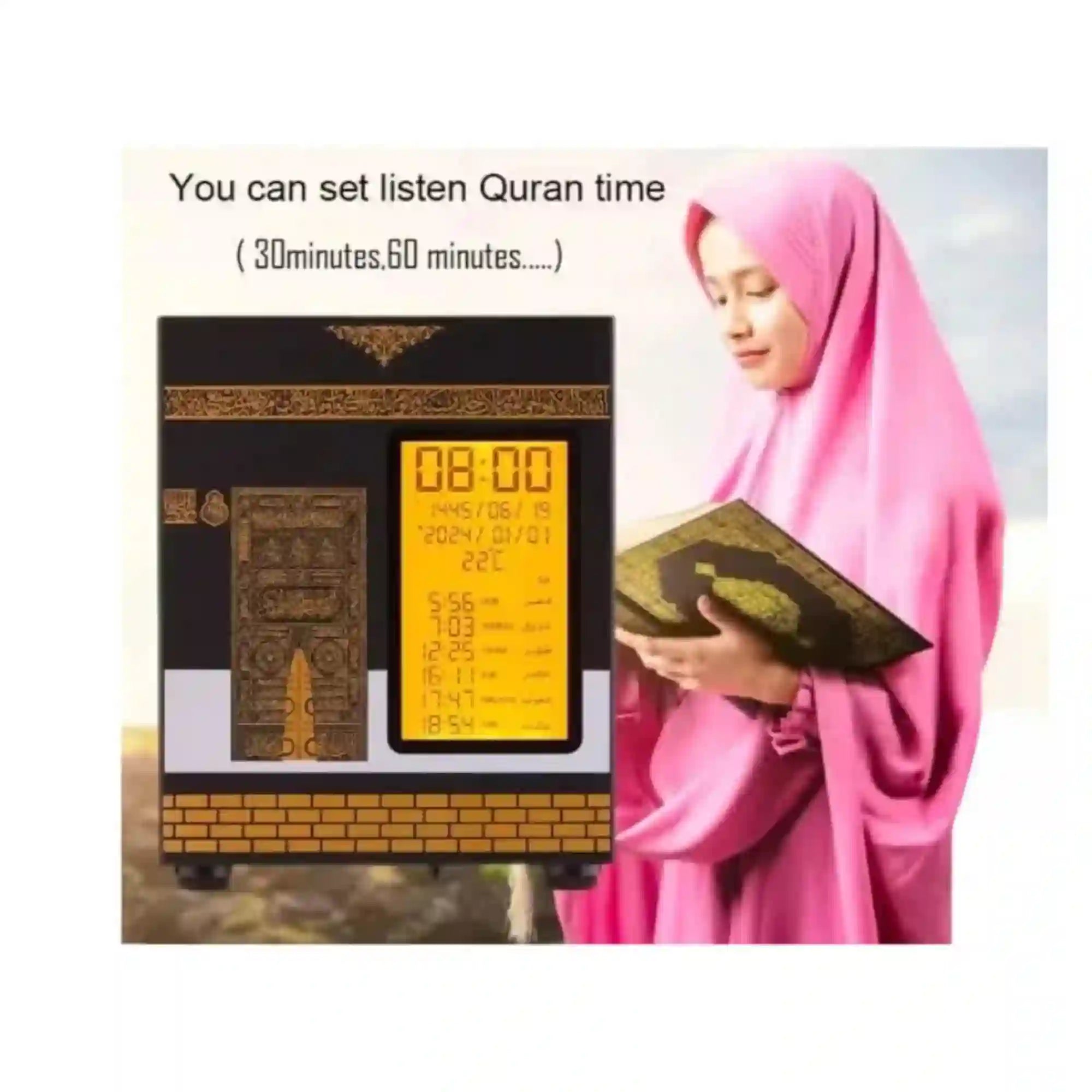 Digital clock with Quran reading interface and a person holding a Quran.