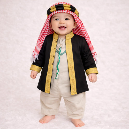 Khakhi Grey Omani Thobe Romper & Bisht Set for Baby Boys