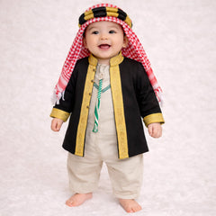 Khakhi Grey Omani Thobe Romper & Bisht Set for Baby Boys