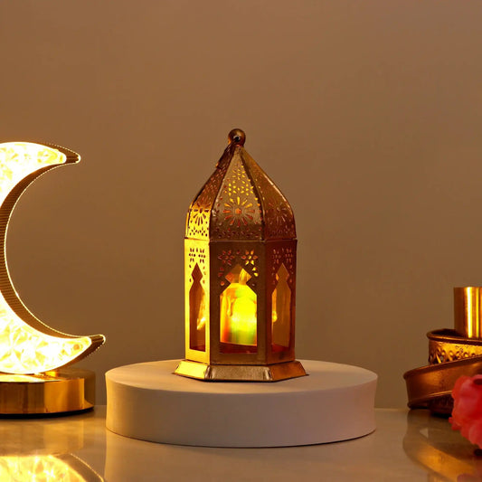 Elegant Golden Glow Ramadan Lantern on display with crescent moon light, perfect for Ramadan gifts and warm ambient home decor.