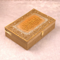 Golden Customised Sequence Designer Resin Box with intricate Arabic calligraphy, handcrafted for Islamic gifts and ceremonial use.