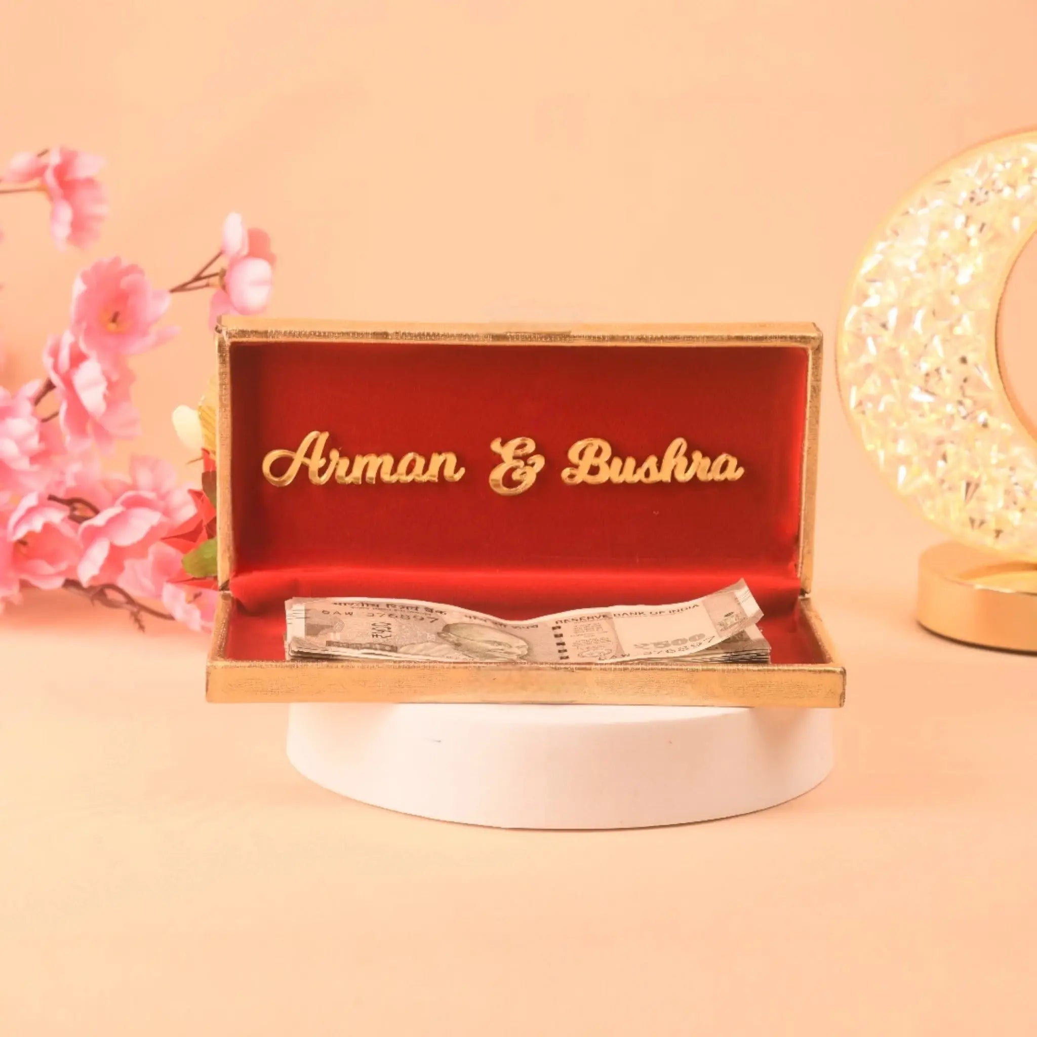 Inside view of Personalised Floral Haqq Mahr Box with custom names and currency, a unique Nikah essential and wedding gift.