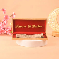 Inside view of Personalised Floral Haqq Mahr Box with custom names and currency, a unique Nikah essential and wedding gift.