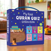 Blue box titled 'My First Quran Quiz Collection' on a wooden surface with a blurred indoor background.