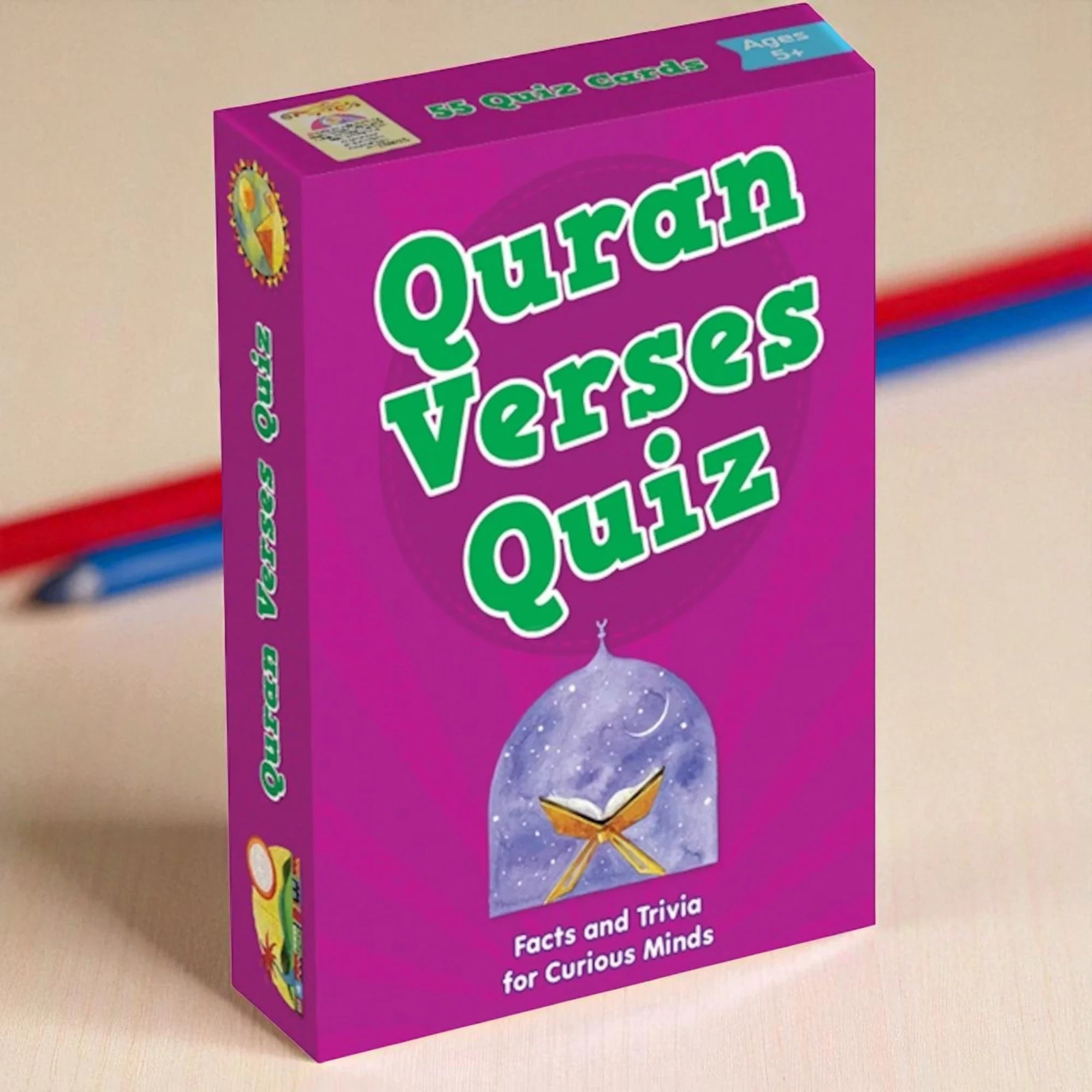 Purple 'Quran Verses Quiz' game box on a beige background