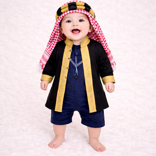 Navy Blue Omani Thobe Romper & Bisht Set for Baby Boys