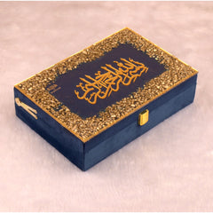 Blue decorative box with gold calligraphy