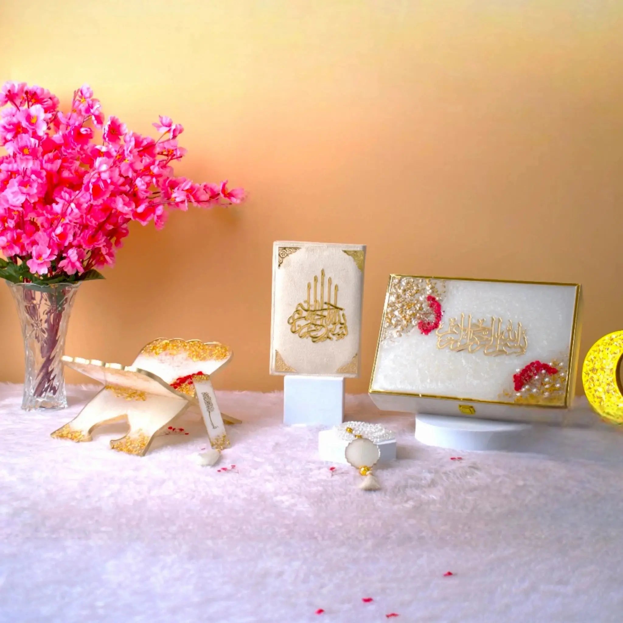 Premium Floral Pearl Rehal Hamper with Holy Quran, resin Rehal, and Tasbeeh displayed elegantly. Perfect Quran gift set for special occasions.