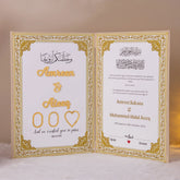 A personalized Nikah Nama with floral borders and Arabic calligraphy, featuring spaces for thumbprints and personalized text.