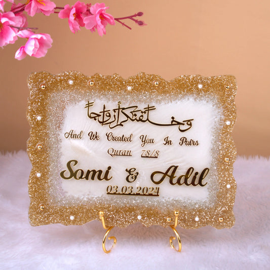 Offwhite Rectangle Couple Frame - Resin Art Keepsake with gold glitter border, Quran verse, and personalized names Somi & Adil for home decor.