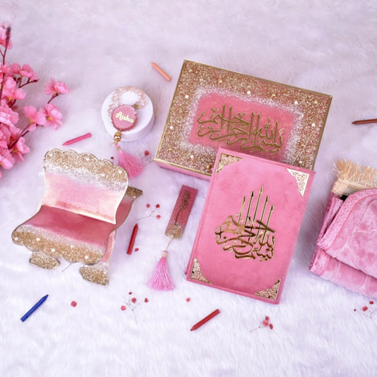 Kid's Quran Gift Set in pink with personalized tasbeeh, prayer mat, and Bismillah box. Ideal kids faith gift hamper for Bismillah ceremony or Eid.