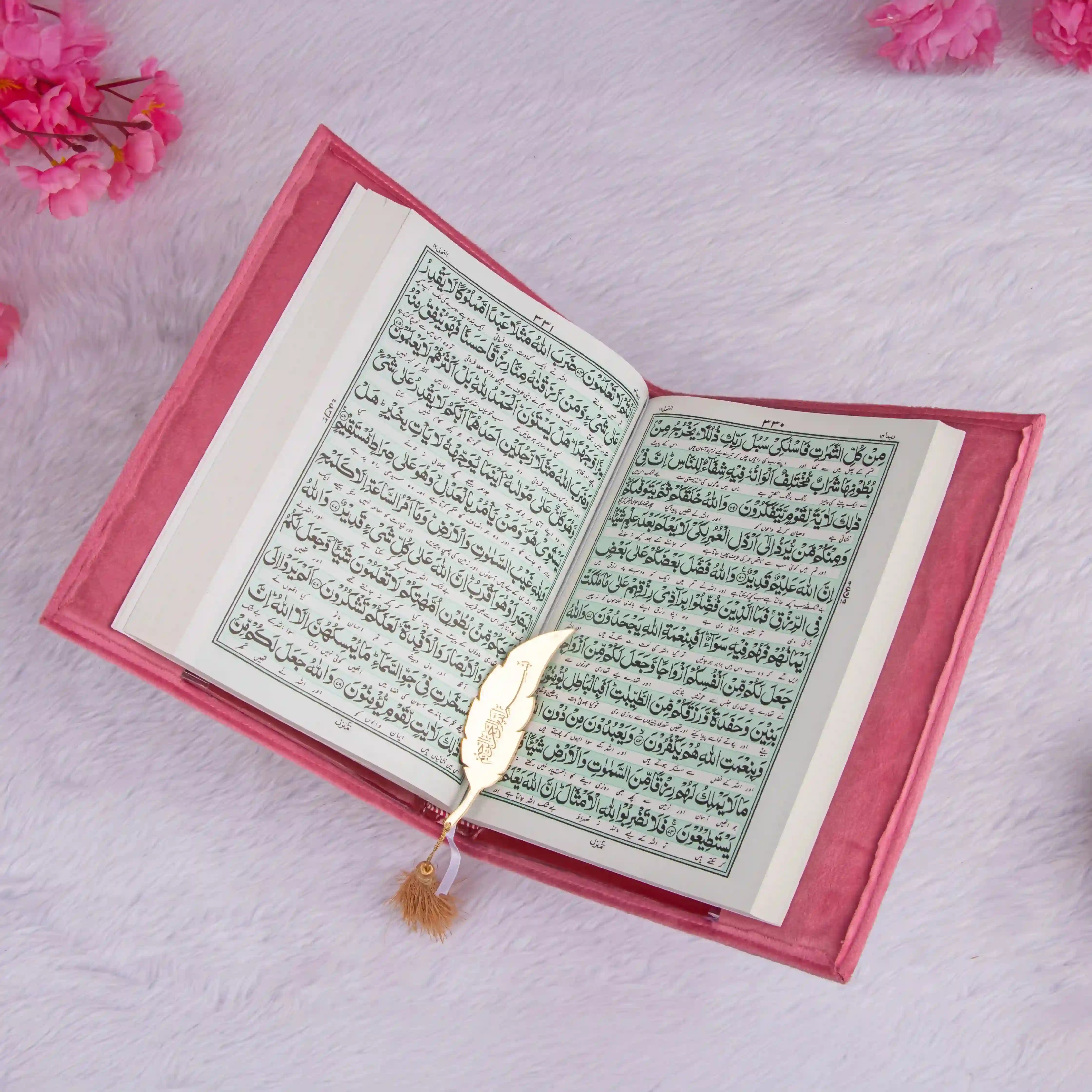 Pink velvet Quran open to Arabic text with green border, part of the Butterfly Quran Gift Set - Pink Butterfly Sawab-e-Jariya for gifting.