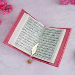 Pink velvet Quran open to Arabic text with green border, part of the Butterfly Quran Gift Set - Pink Butterfly Sawab-e-Jariya for gifting.