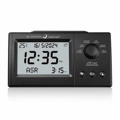 Front view of Premium Azaan Desk Clock - Al Fatiha with large LCD screen showing prayer time, date, temperature, and multiple city settings.