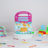 Children's book titled 'Prophet Yusuf' with colorful building blocks and crayons on a white background