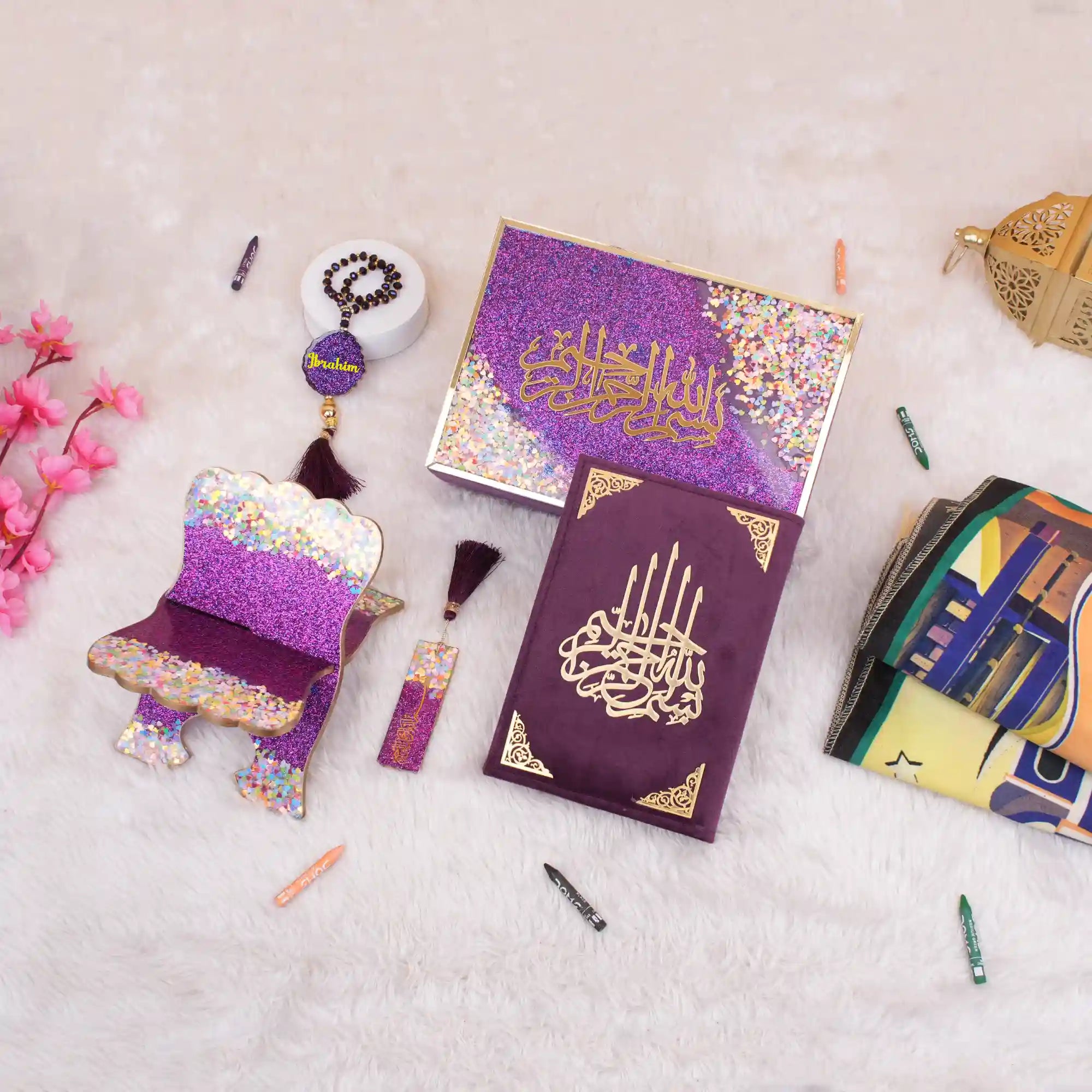 Purple Kids Glitter Collection Ibadah Gift Set featuring a glittery prayer mat, Quran stand, tasbih, and decorative box. Ideal for Ramadan & Eid gifts.