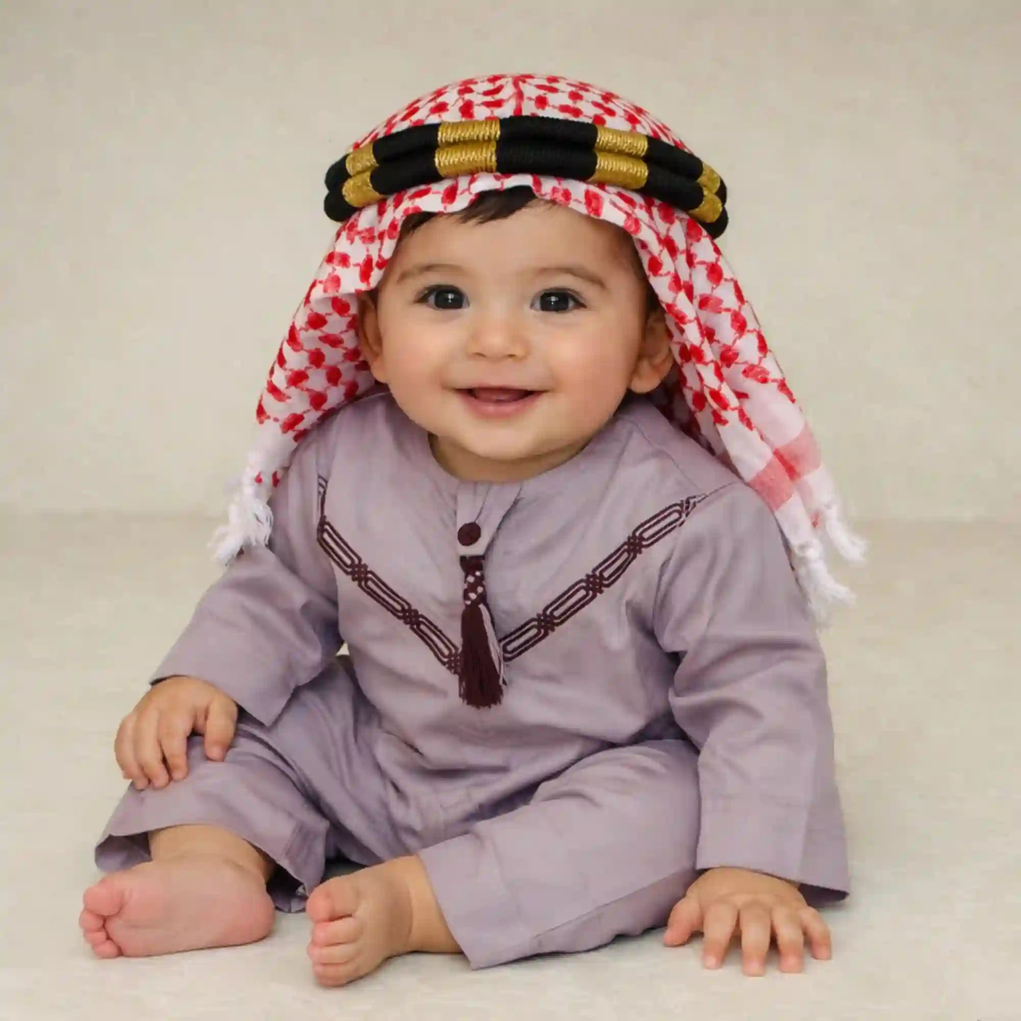 Purple Omani Thobe Romper Set for Baby Boys in Islamic style with embroidered detailing and tassel, ideal for Ramadan and Eid celebrations.