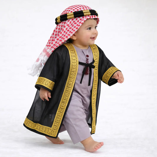 Purple Omani Thobe Romper & Bisht Set for Baby Boys