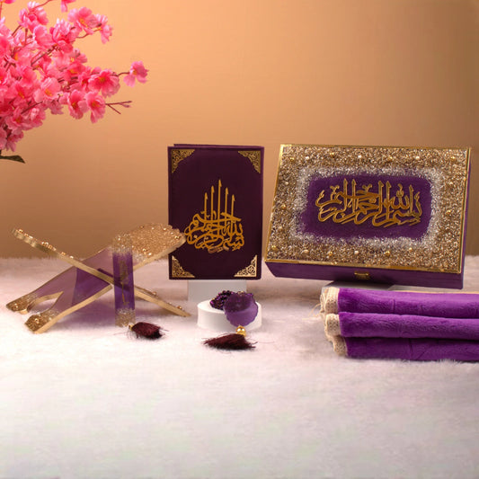 Purple Sequence Sawab-E-Jariya Hamper - Premium Quran Gift Set Online featuring velvet Quran, acrylic Rehal, Tasbeeh, and prayer mats in elegant packaging.