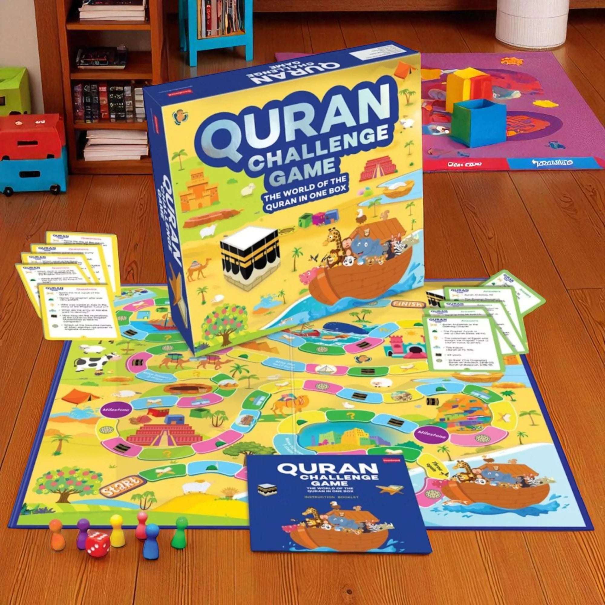 Quran Challenge Game set up on a wooden floor with colorful components.