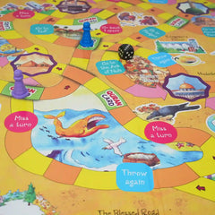 Colorful board game with various spaces and a die on a yellow background