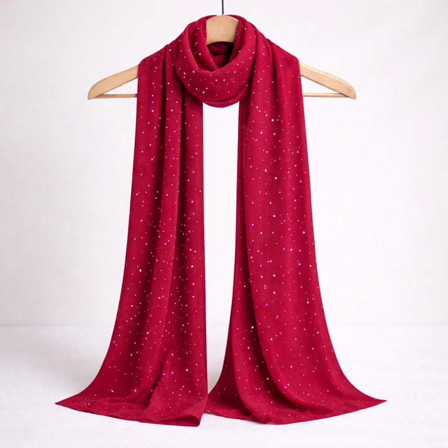 Red Studded Hijab displayed on hanger, showcasing lightweight chiffon fabric with elegant stud detailing, perfect for versatile modest styling.