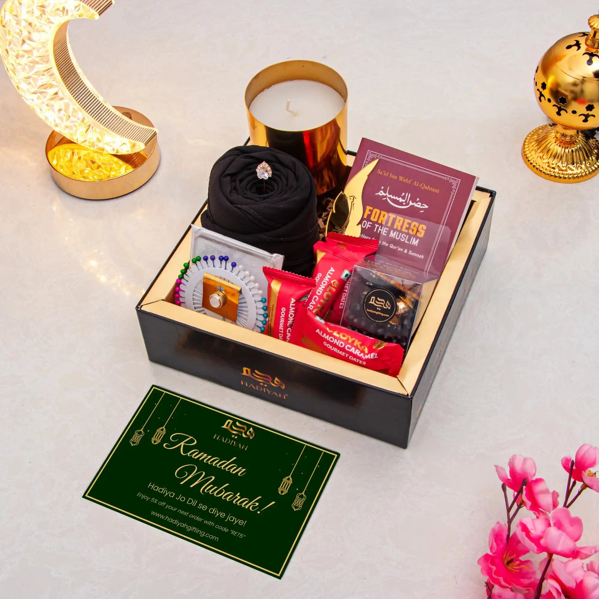 Rahmat Hamper - Spiritual Gift Set featuring prayer essentials, premium dates, tasbih, and Islamic book, ideal for Ramadan gifting and celebrations.