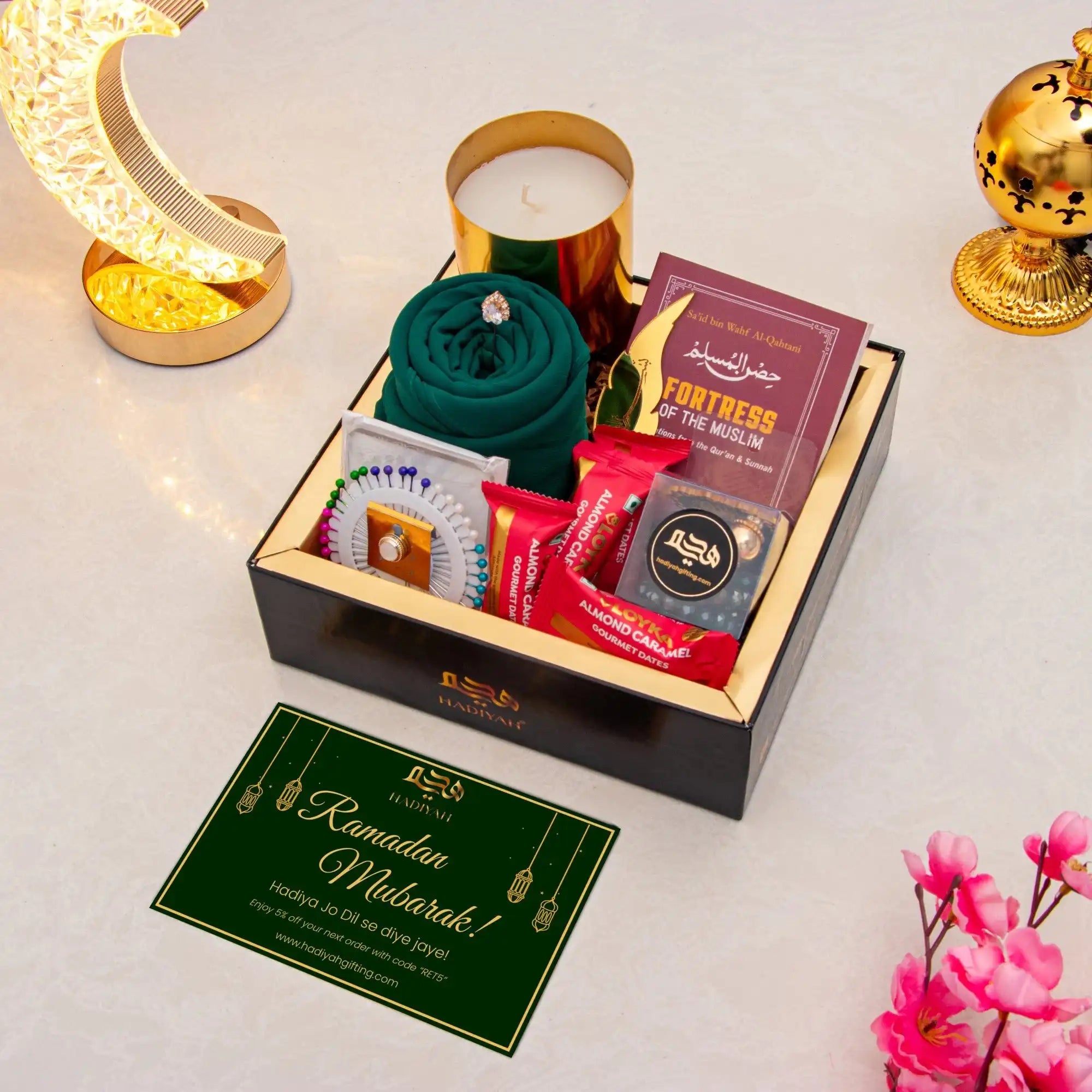 Rahmat Hamper - Spiritual Gift Set featuring prayer essentials, Islamic book, gourmet treats, and candle in a luxury Ramadan gift box.