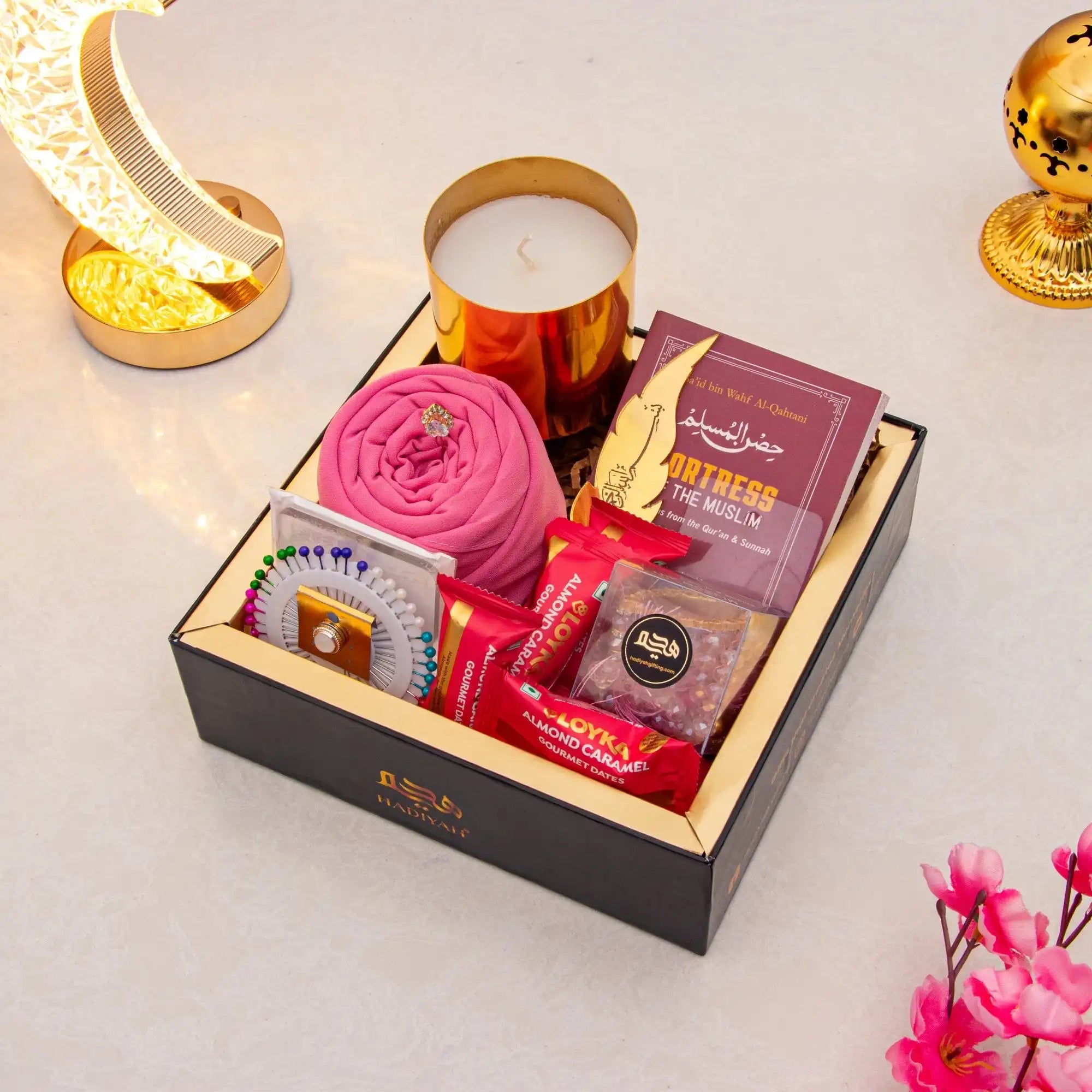 Rahmat Hamper - Spiritual Gift Set with prayer essentials, scented candle, tasbih, and gourmet treats in a luxury black box for Ramadan gifting.
