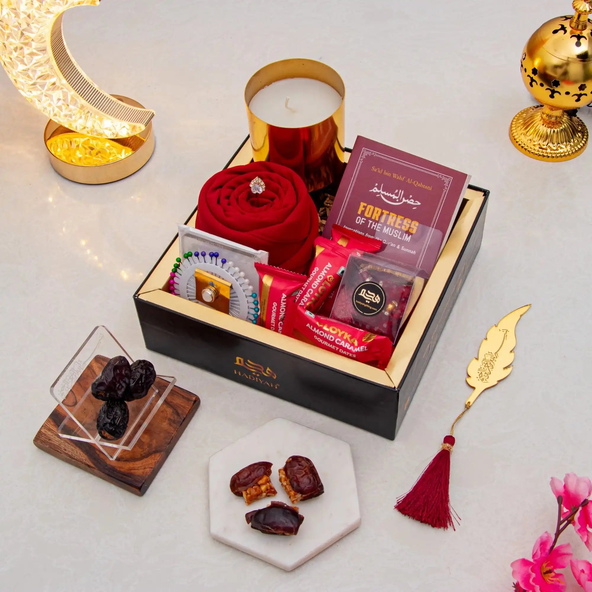 Rahmat Hamper - Spiritual Gift Set featuring prayer essentials, premium dates, Islamic book, and gourmet treats in a luxury Ramadan gift box.