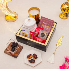 Rahmat Hamper - Spiritual Gift Set with prayer essentials, premium dates, sweets, and Islamic book, ideal Ramadan gift in luxury packaging.