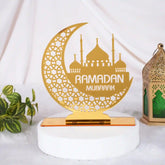 Ramadan Mubarak Stand - Decorative Centerpiece with mosque and crescent design in gold, ideal for festive home decor and easy tabletop display.