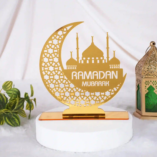 Ramadan Mubarak Stand - Decorative Centerpiece with mosque and crescent design in gold, ideal for festive home decor and easy tabletop display.