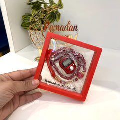 Red Ramadan Mubarak Tasbeeh Combo with digital counter and red beads in a red display box. Great for Ramadan spiritual use.