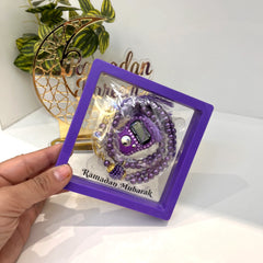Purple Ramadan Mubarak Tasbeeh Combo featuring digital tasbeeh and glossy beads in a purple frame. Perfect for religious gifting.
