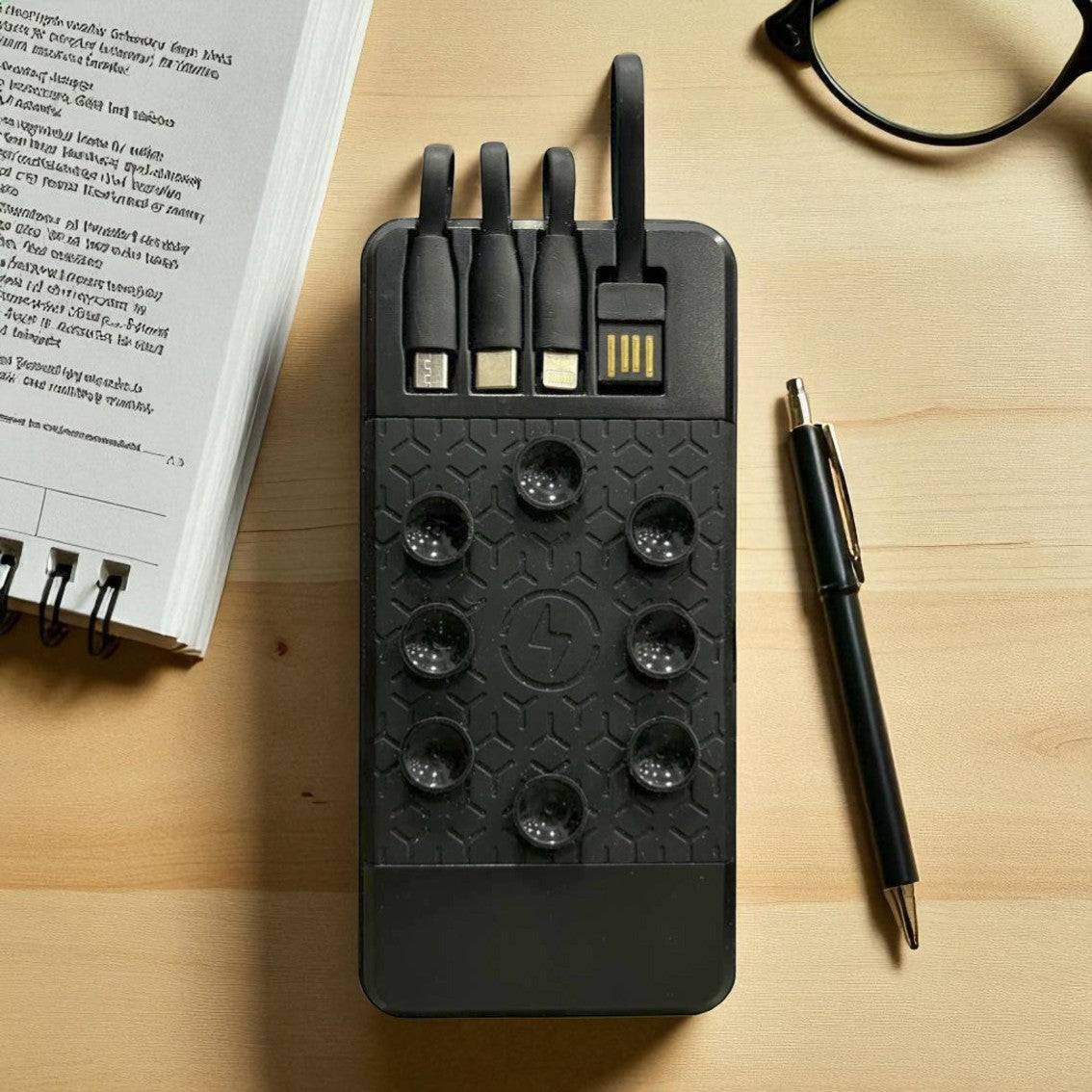 Black multi-port charging hub on a wooden surface