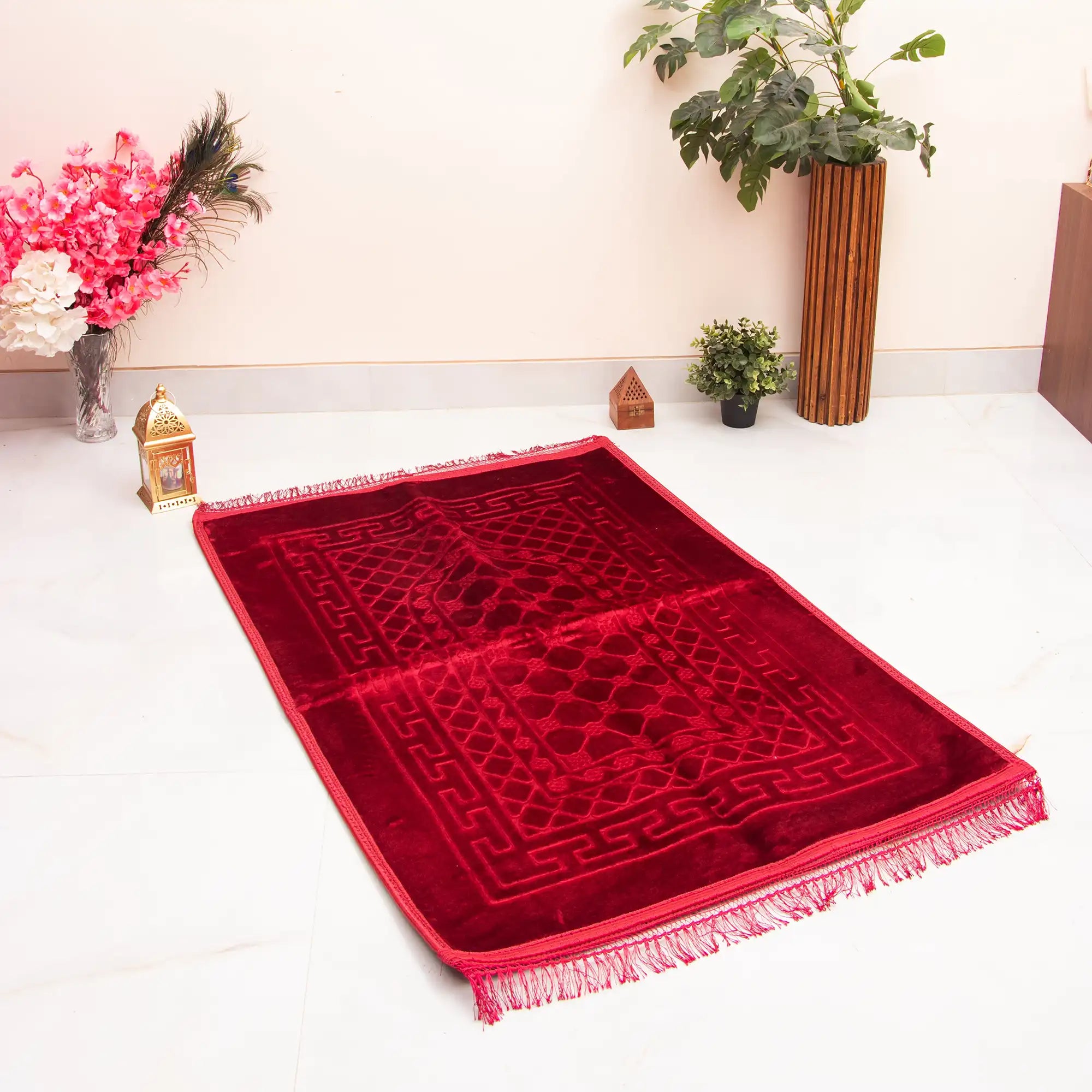Maroon Bridal Hamper prayer mat from The Bling Collection, featuring plush velvet texture and intricate geometric design, ideal for Nikkah gifts.